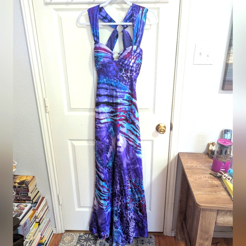 Blondie Nites Purple Blue Multi-Print Prom Dress